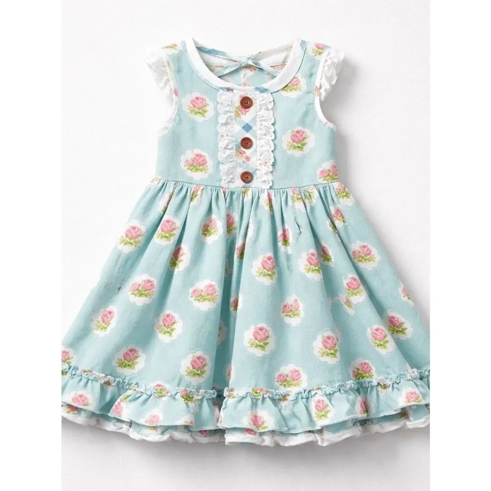 Swoon Baby blue with pink rose print ruffle hem twirl dress size 5